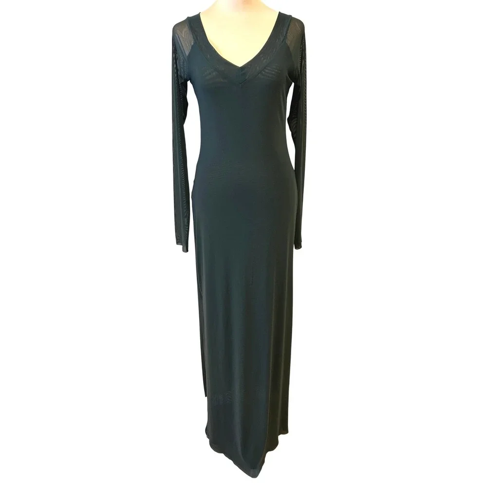 Silence + Noise Maxi Dress Sz L Green Mesh Long Sleeve Sheer Forest Fairy Goth